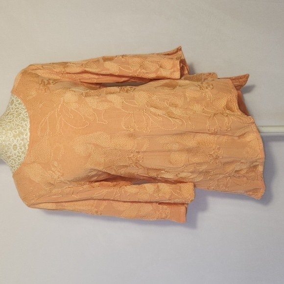 Soft Surroundings Peach Cecile Asymmetrical Floral Embroidered 3/4 Sleeve Tunic - Picture 2 of 13